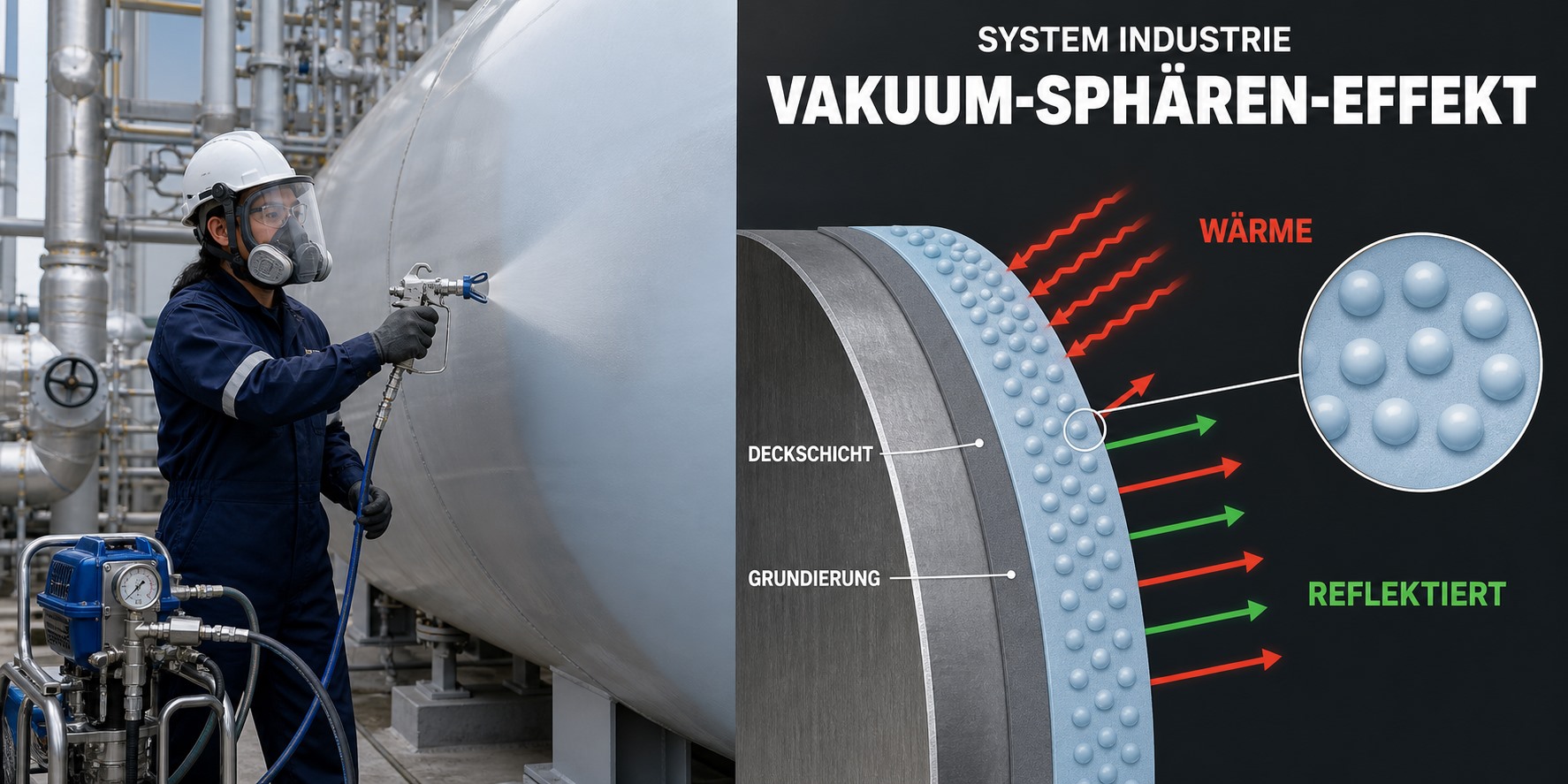 System Industrie der Vakuum-Sph&auml;ren-D&auml;mmung, Beh&auml;lter und Leitungen, mit Schnittgrafik des Schichtaufbaus