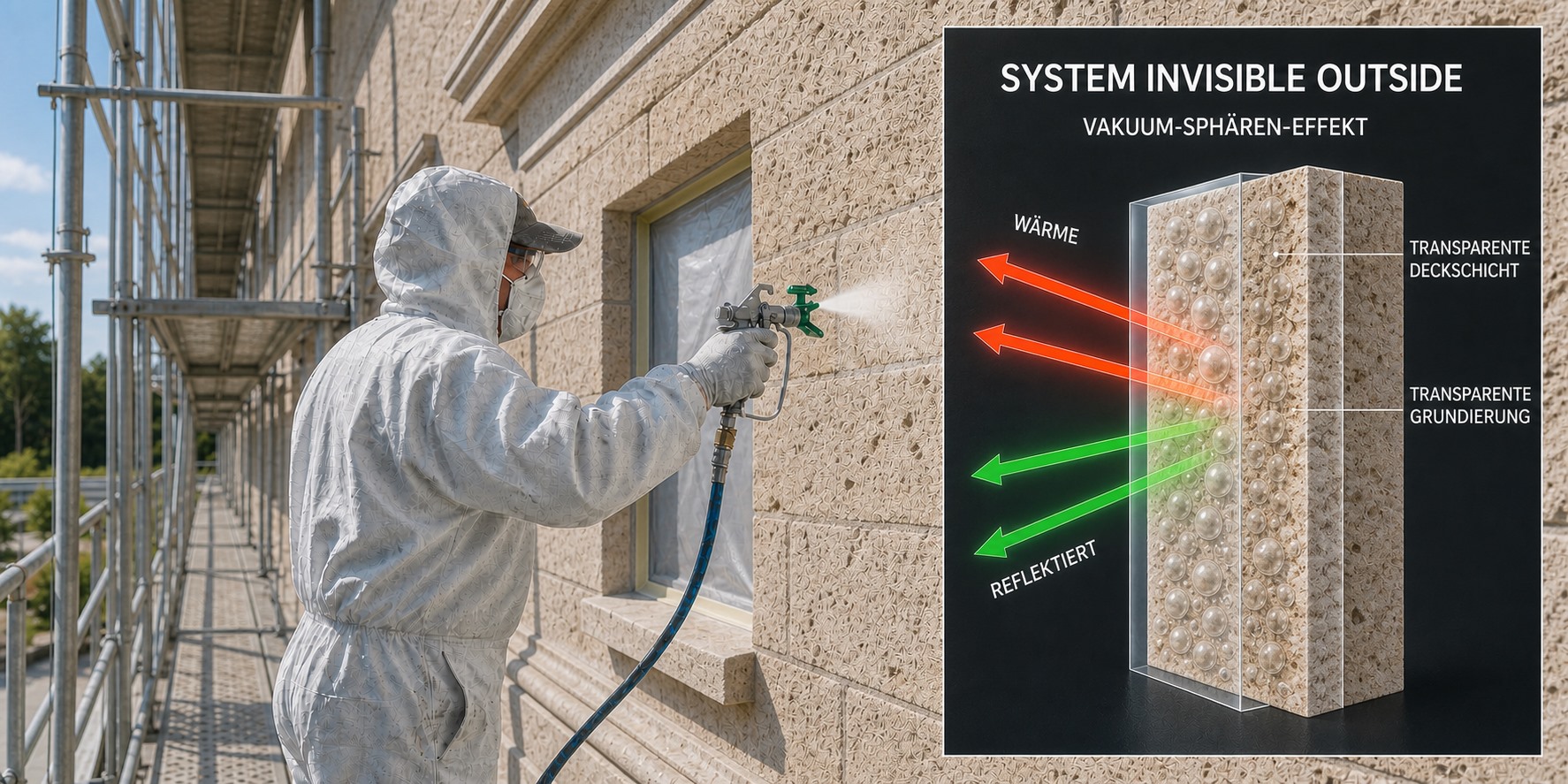 System Invisible Outside der Vakuum-Sphären-Dämmung, Fassade, transparent, mit Schnittgrafik des Schichtaufbaus