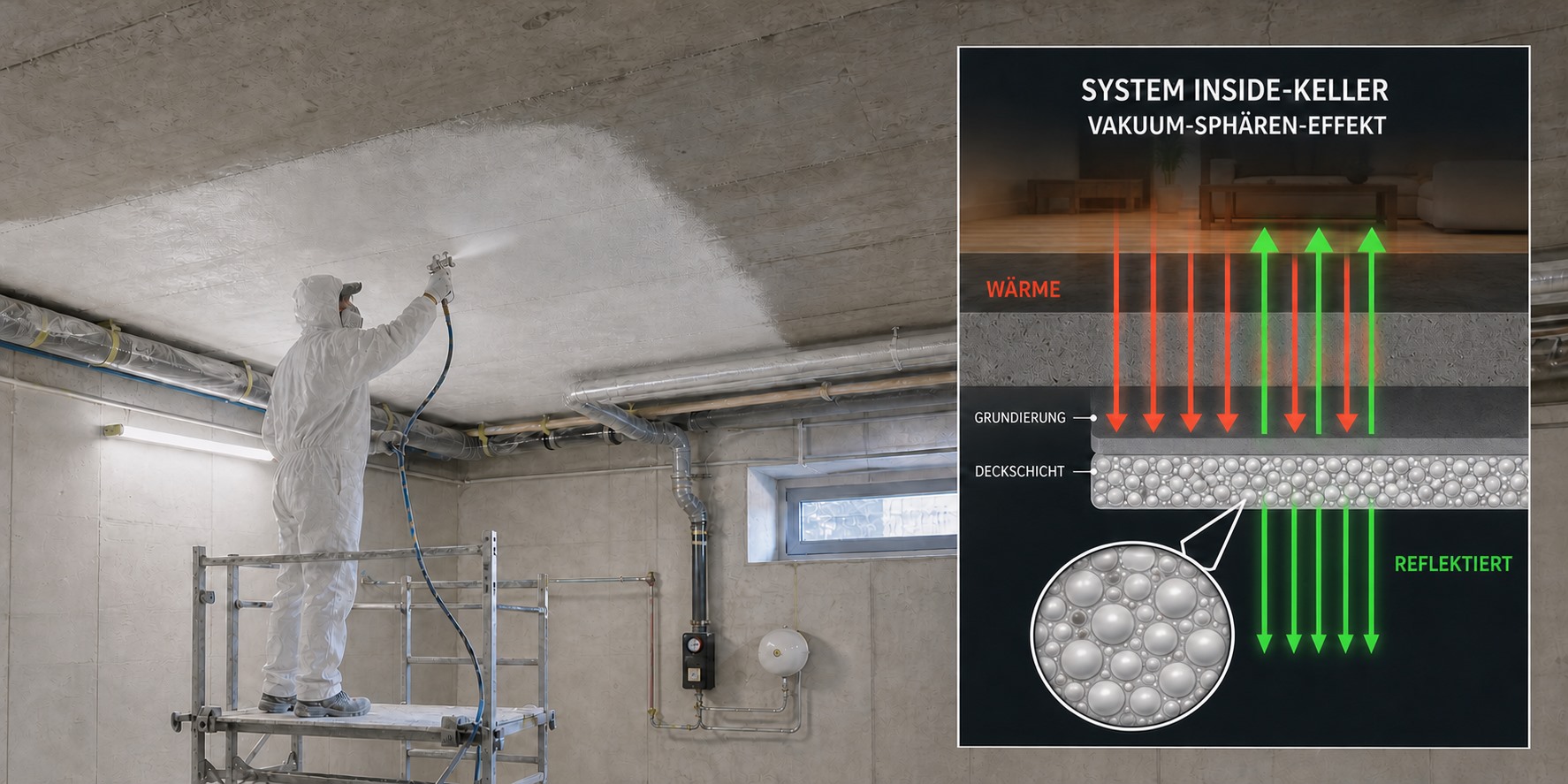 System Inside-Keller der Vakuum-Sphären-Dämmung, Kellerdecke, mit Schnittgrafik des Schichtaufbaus